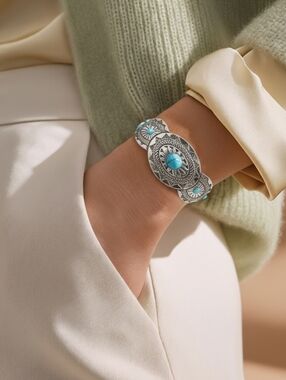 Turquoise Concho Cuff Bracelet Western Silver Open Bangle Statement Cowgirl Chic